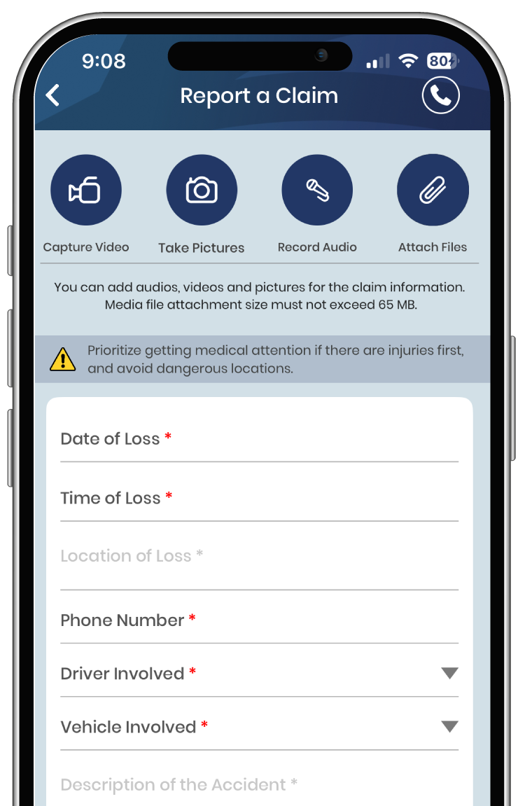 Report a claim screen